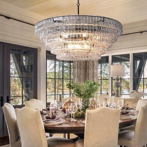 YIOSI 47 Inch Round Chandelier Clear Glass, Extra Large Drum Pendant Light for Dining Room, Modern Crystal Glass Ceiling Fixture Perfect for Living Room, Foyer - Image 2