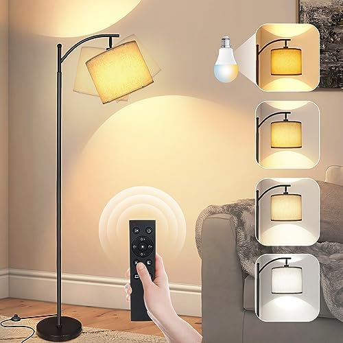 mukuxin LED Floor Lamps for Living Room, 12W 1200LM Modern Arc Floor Lamp with Remote & Adjustable Linen Lampshade, 12 Color Temperature Stepless Dimmable Tall Standing Lamp by Mukuxin