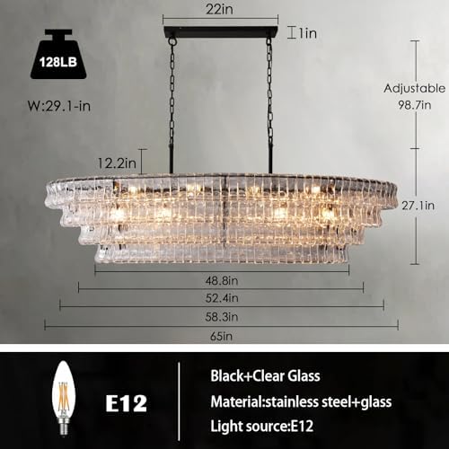 YIOSI 65 Inch Large Rectangular Black Chandelier for Dining Room, Clear Glass Drum Modern Pendant Light Fixture, Extra Long Kitchen Island Lighting - Image 3