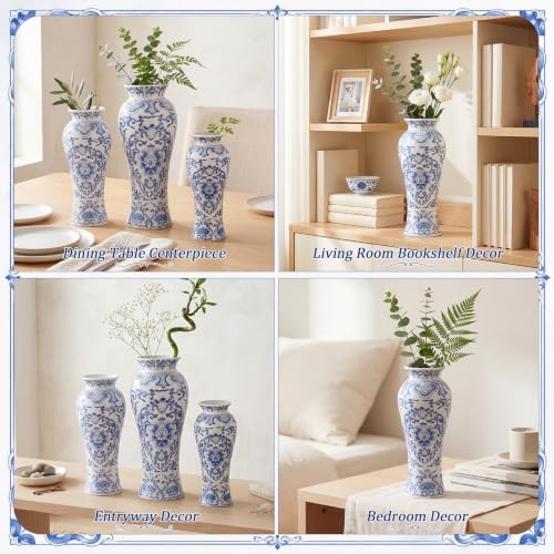 LemonRoad 3 Pack Chinoiserie Vases Porcelain Blue and White Vases for Flowers Pottery Chinoiserie Ceramic Vase for Living Room Mother's Day Decor Table Centerpiece, 6.7", 8.3", 10"(Modern) - Image 4