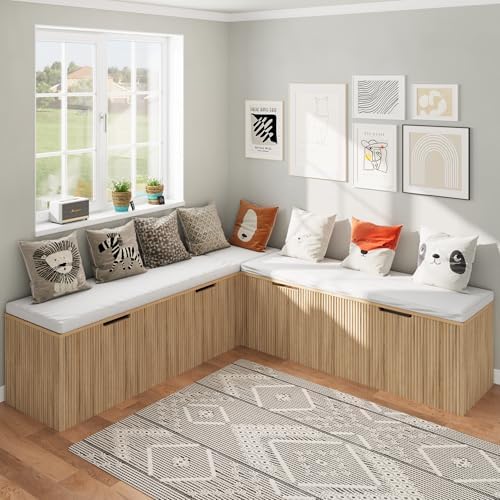 Bobve L-Shape Storage Bench with Cushion, Backless Corner Dining Bench, Kitchen Dining Nook Bench with Hidden Storage for Dining Room, Kitchen, Entryway (Natural Wood) by Bobve