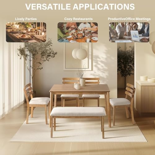 Farmhouse Dining Room Table Set for 6 with Upholstered Bench and Chairs - Image 3