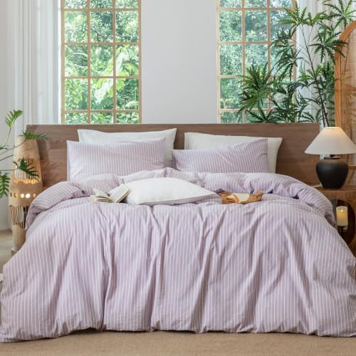 MooMee Striped Duvet Cover Set 100% Washed Cotton Linen Like King by MOOMEE