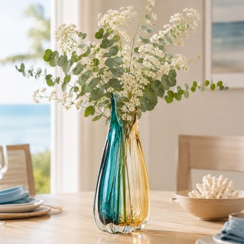 Hand Blown Teal Amber Colorblock Glass Vase, Modern Home Table Centerpiece - Image 3