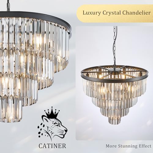 CATINER 24" Smoke Gray Crystal Chandeliers,12 Lights Black Light Fixture - Image 5