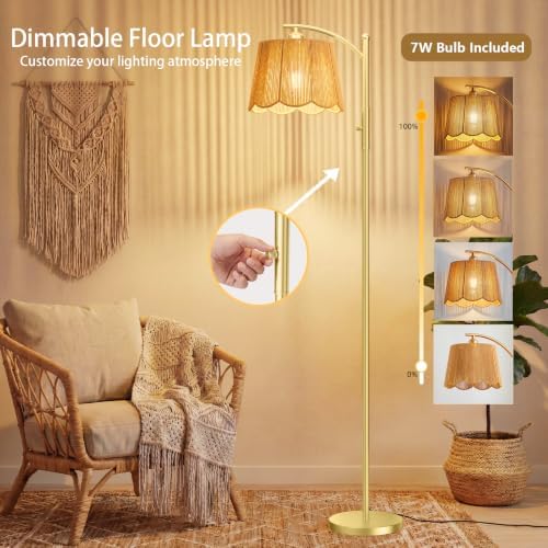 Rattan Boho Arc Floor Lamp with Flower-Inspired Scalloped Woven Shade - Image 4