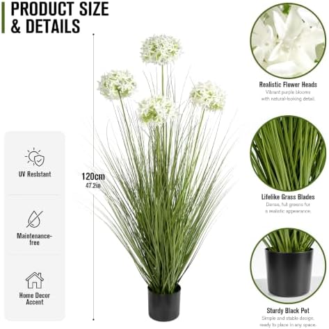 Ttranewsoo Tall Faux Grass Plant with White Flowers, 47.2 Inch Artificial Potted Greenery, UV Resistant Floor Plant for Indoor and Sheltered Outdoor Decor, 1 Pack - Image 3
