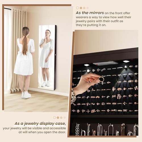 NAFORT 2 LEDs Mirror Jewelry Cabinet, 47.5-Inch Tall Wall or Door Mounted Jewelry Organizers and Storage with Frameless Full-length Mirror, Lockable Jewelry Armoire with 2 Drawers, Espresso - Image 4
