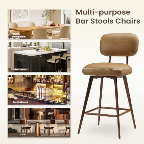 MALOL 26“ PU Leather Swivel Bar Stools Set of 3, Mid Century Counter Height Bar Chairs with Low Back and Metal Legs, Modern Bar Stool Chair for Kitchen Island, Brown - Image 6