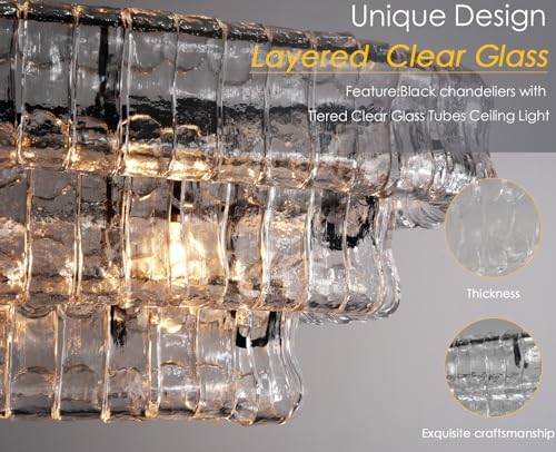 YIOSI 54 Inch Large Rectangular Black Chandelier for Dining Room, Clear Glass Drum Modern Pendant Light Fixture, Extra Long Kitchen Island Lighting - Image 4