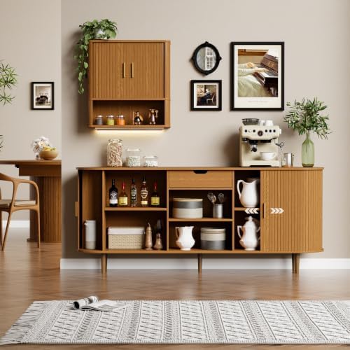 71" Sideboard Buffet Cabinet with Storage,Large Credenza with Sliding Doors and1 Drawer,Mid Century Modern Coffee Bar Cabinet with Adjustable Shelves for Dining Room,Kitchen,Living Room(Yellow Walnut) - Image 5