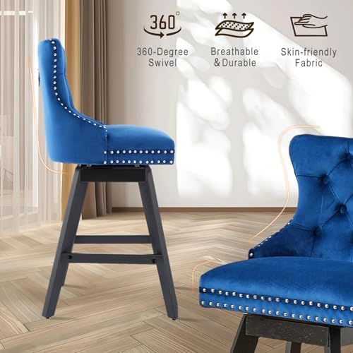 SoarFlash Kitchen Velvet Swivel Bar Stools with Solid Wood Legs Upholstered Counter Stools Set of 6, Blue - Image 6
