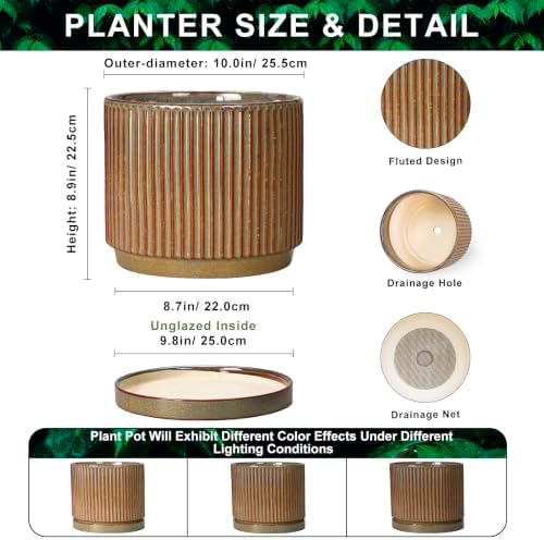 Ceramic Plant Pots, 10 Inch Planter with Tray, Retro Brown - Image 2