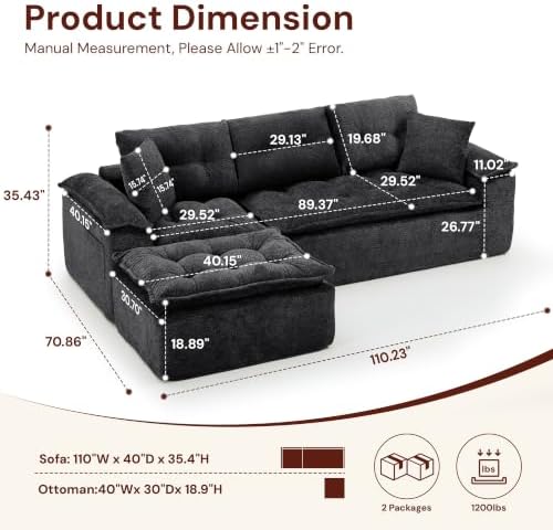 Korser 110" Cloud Sectional Boneless Couches for Living Room, Modern Modular Sectional Sofa with Ottoman, Cloud Couch with Comfy Deep Seats, Tufted Chenille L-Shape Sofa Couch for Living Room, Black - Image 2