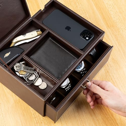 Mens Jewelry Box Organizer & Dresser Valet Tray - Premium Nightstand Station for Watches, Rings, and Accessories - Mens Dresser Top Organizer with Multiple Compartments and Soft Lining (Brown) - Image 2