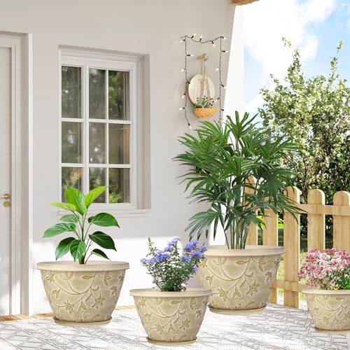 Nooulap 4 Pack 16 Inch Plant Pot with Drainage Hole, Beige - Image 6
