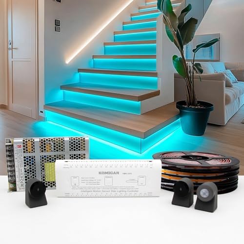 Intelligent Motion Triggered LED Stair Lighting Kit KMG-3233, 40" Cuttable LED Strip Light for Indoor LED Stair Lights (Mars Green Color, 16 Stairs) by KOMIGAN