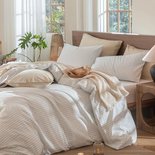 MooMee Striped Duvet Cover Set 100% Washed Cotton Linen Like - Image 3