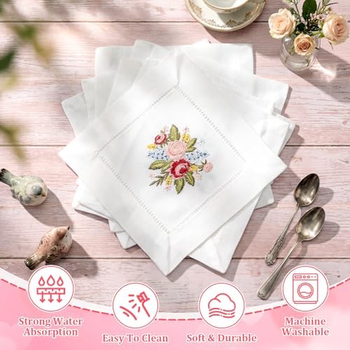 LemonRoad Embroidered White Linen Cocktail Napkin 6x6 Inch Floral Napkin Coasters Set of 6 Cloth Cocktail Washable Linen Hemstitch for Tea Party Cottagecore Bridal Shower Gift Wedding Decoration - Image 3