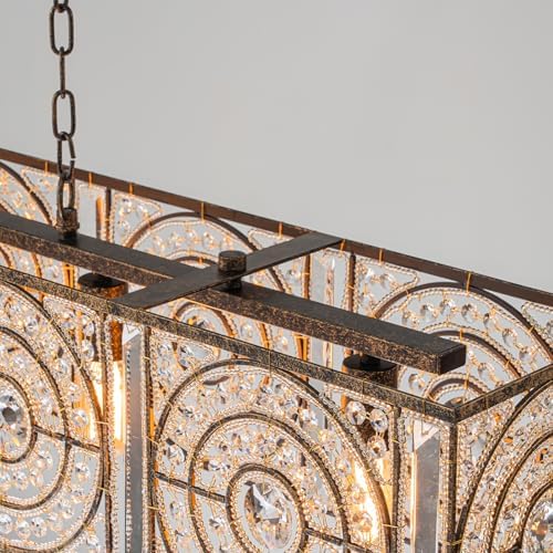 4-Lights Rectangle Crystal Chandelier for Dining Room, 42.12" Vintage Bronze Finish Large Chandeliers for High Ceilings, Flush Mount Pendant Light for Living Room Kitchen Island Bar - Image 7