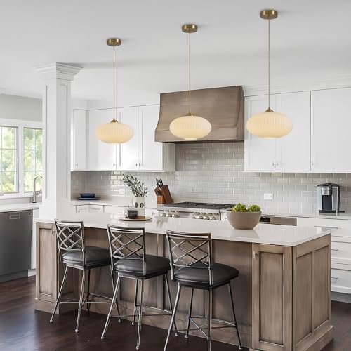 KCO Brass Gold 9.8” Ribbed Milk Glass Adjustable Pendant Light Set of 2 - Image 4