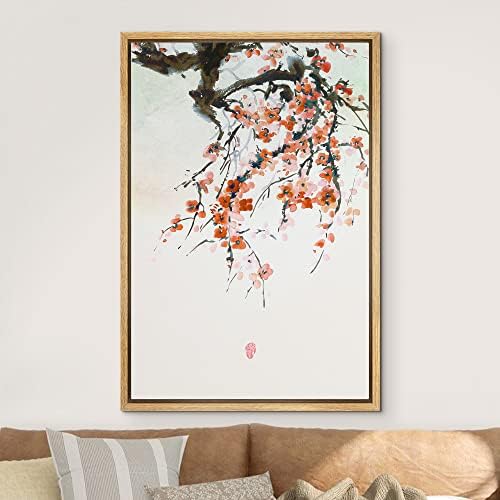 NWT Framed Canvas Print Wall Art Japanese Style Cherry Blossoms on Tree Branch Floral Plants Illustrations Modern Art Rustic Scenic Colorful Pastel for Living Room, Bedroom, Office - 16"x24" Natural - Image 3