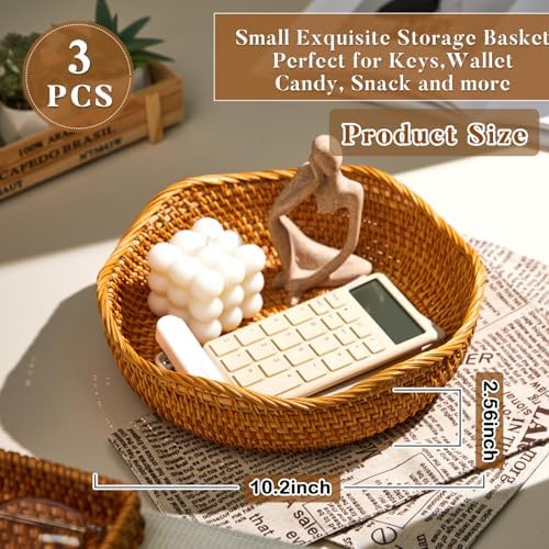 3 Pcs 10.2 Inch Scalloped Rattan Baskets Round Wicker Bowls - Image 3