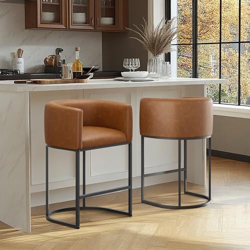 Counter Height Bar Stools Set of 4, Modern Counter Stools for Dining Room, 24 Inch Barstools for Kitchen Island, Faux Leather Bar Stool with Metal Legs and Back Footrest, Brown - Image 5