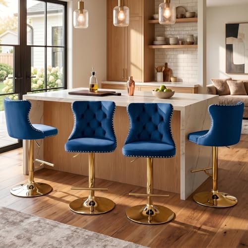 SoarFlash Velvet Bar Stool Set of 4, Adjustable Swivel Bar Stools with Gold Plated Metal Leg, Button Tufted, Footrest, Chrome Nailhead, Counter Height Chair for Kitchen, Bar, Dining Room (Blue) by SoarFlash