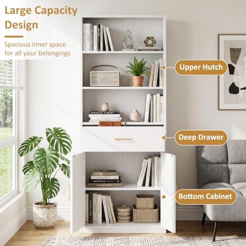 Shintenchi Bookshelf,6-Tier Bookcase with 1 Drawer & 1 Cabinet, 6 Shelf Display Storage Shelves Floor Standing 70.6 inches Tall Bookcase for Home Office, Living Room (White) - Image 4