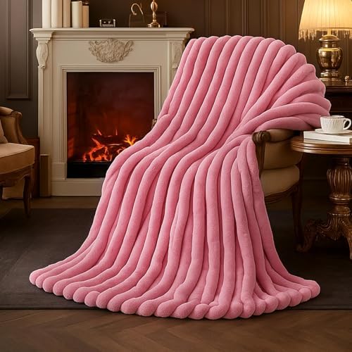 Amélie Home Soft Striped Faux Fur Throw Blanket for Couch, Pink, 55"x70" by Am%C3%A9lieHome