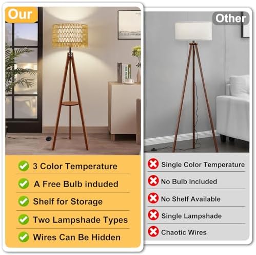 Boho Rattan Floor Lamp with Shelf & Bulb Included, Wicker Tripod Floor Lamp 3 Color Temperatures, Wood Rustic Tall Lamps with Foot Switch, Walnut Boho Standing Lamps for Living Room Bedroom - Image 6
