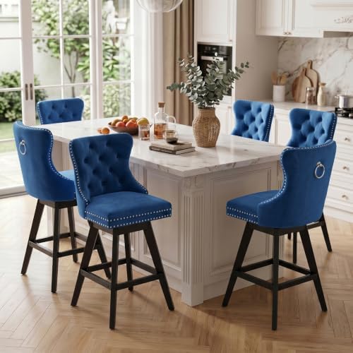 SoarFlash Kitchen Velvet Swivel Bar Stools with Solid Wood Legs Upholstered Counter Stools Set of 6, Blue by SoarFlash