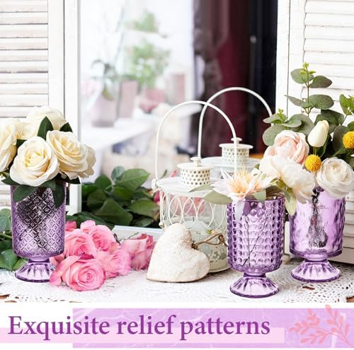 6 Pcs (H:7"W:4") Embossed Flower Vase Pedestal Glass Vase, Purple - Image 4