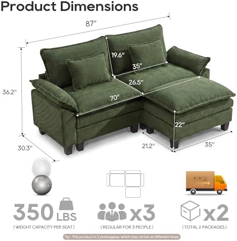URRED Oversized Modular Sectional Sofa，Solid Green：87" L Shaped - Image 2
