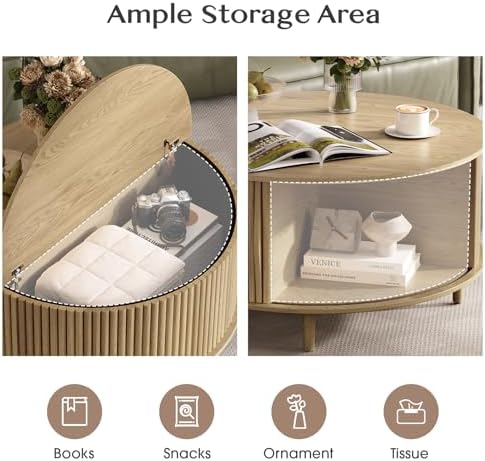 JOINICE 31.5" Round Coffee Table with Storage for Living Room, Natural Oak - Image 3