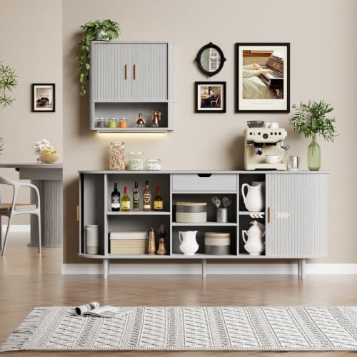 71" Sideboard Buffet Cabinet with Storage,Large Credenza with Sliding Doors and 1 Drawer,Mid Century Modern Coffee Bar Cabinet with Adjustable Shelves for Dining Room, Kitchen, Living Room (White) - Image 5