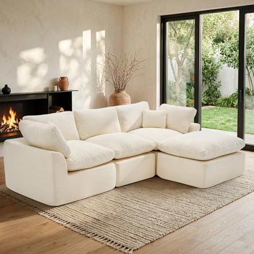 Korser 110" Cloud Sectional Boneless Couches for Living Room, Modern Modular Sectional Sofa with Ottoman, Cloud Couch with Comfy Deep Seats, Cut Pile Chenille L-Shape Sofa Couch for Living Room, Beige by KORSER