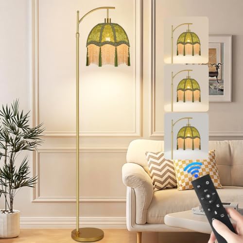 Vintage Floor Lamps for Living Room Boho Rustic Floor Lamp with Remote Control & 3 Color Temperature,Dimmable Gold Floor Lamp Mid Century Modern Standing Lamp Fringe Green Tall Floor Lamp For Bedroom by ZECOXOL