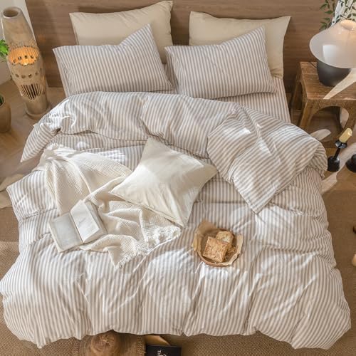 MooMee Striped Duvet Cover Set 100% Washed Cotton Linen Like - Image 5