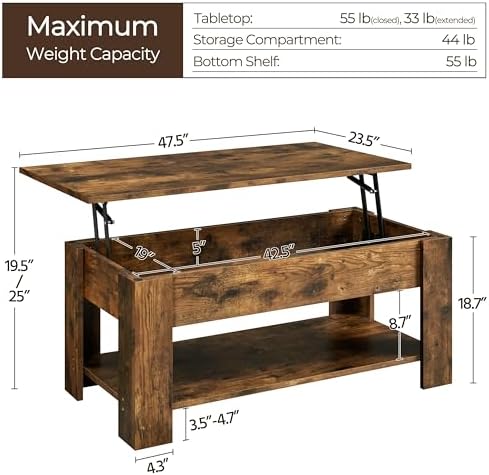 Yaheetech 47.2 in Lift Top Coffee Table with Storage Shelf, Rustic Brown - Image 3