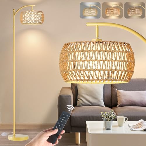 Yusist Arc Floor Lamp for Living Room,Farmhouse Floor Lamps with Remote Control & Dimmable Bulb,Gold Boho Rattan Tall Standing Lamp for Bedroom Office by Yusist