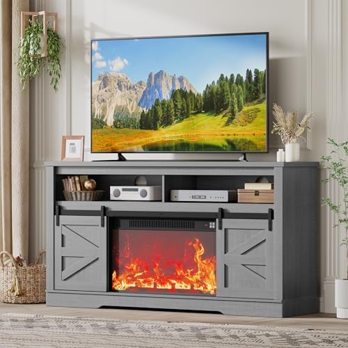 JUMMICO Fireplace TV Stand for 65 Inch TV with 26'' Fireplace (Pale Gray) by JUMMICO