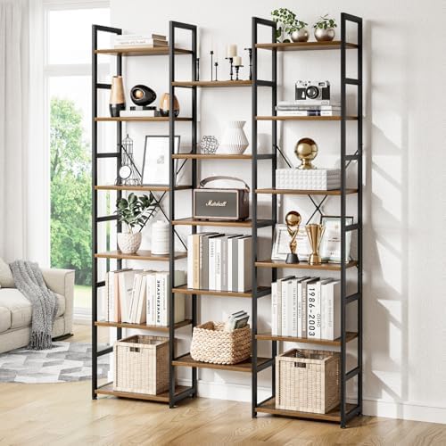 NUMENN Triple Column 6 Tier Bookshelf with 17 Adjustable Shelves, Vintage - Image 4
