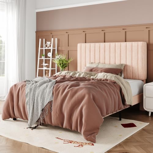 Allewie Twin Bed Frame, Upholstered Platform Bed with Adjustable Vertical Channel Tufted Headboard, Mattress Foundation with Strong Wooden Slats, Box Spring Optional, Easy Assembly, Chenille Pink by Allewie