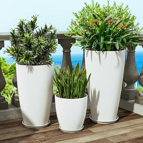 QCQHDU 24,21,11 inch Large Planters with Drainage Hole & Saucer, Set of 3 Plant Pots Tall Planter for Indoor & Outdoor Plants Home Modern Decor - Image 2