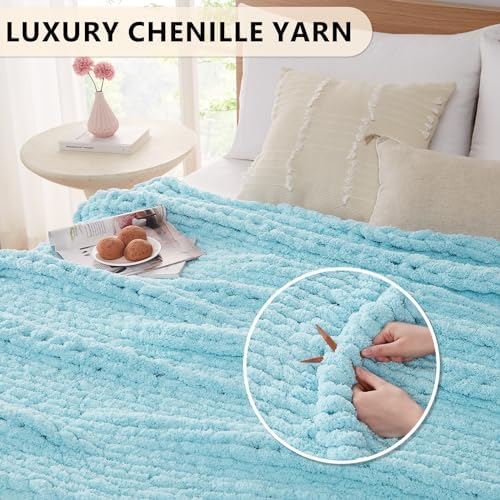 L'AGRATY Chunky Knit Throw Blanket for Couch, 80 x 90 Inches, Light Blue - Image 3