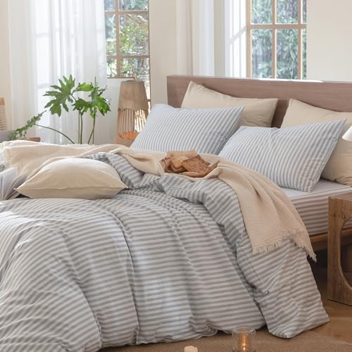 MooMee Striped Duvet Cover Set 100% Washed Cotton Linen Like Oversized Full - Image 3