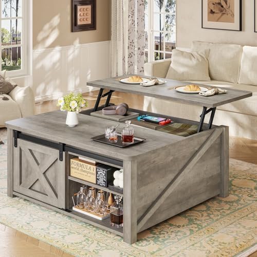 SEDETA 31.5" Lift Top Coffee Table with Storage, Square Coffee Tables for Living Room, Farmhouse Coffee Table with Large Hidden Storage Compartment and Adjustable Shelves, Grey by SEDETA