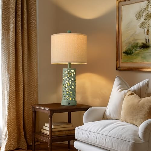 OYEARS 22'' Table Lamp Set of 2 for Living Room, Farmhouse Lamp for Bedroom, Vintage Bedside Lamps with Retro Design and USB Ports, Linen Shade for Home Office (Bulb Included, Green) - Image 3